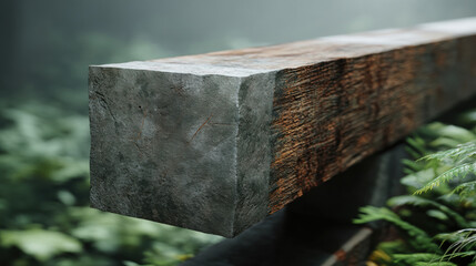 Forest to Form, A minimalist 3D illustration: A raw, textured wooden beam segment, placed within a softly blurred, minimalist forest backdrop. Suggests sustainable sourcing, with copy space.