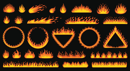 Fire flames set, featuring fiery geometric frames around circle, square, and triangle shapes, with burning and flying light effects, isolated on black background for dramatic visual design projects.