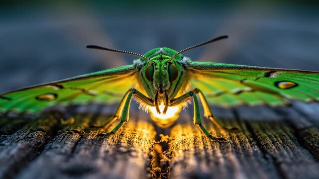 Close-Up of A Vibrant Green Luna Moth with Glowing Body on Wooden Surface