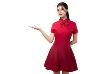 Asian woman in a traditional red Chinese dress making an announcement gesture on transparent background, PNG file format.