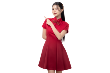 Asian woman in a traditional red Chinese dress pointing finger to the side on transparent background, PNG file format.