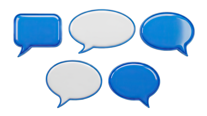 Collection Of Blue And White Speech Bubbles In Various Shapes On Transparent Background Glossy 3D Render