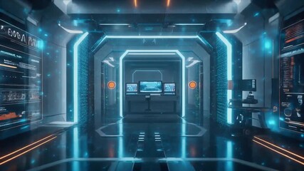 Futuristic SciFi Control Room with Neon Lights and Digital Displays. - Powered by Adobe
