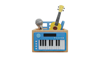 Collection Of Cartoon Musical Instruments In A Wooden Box With A Blue Keyboard Guitar And Microphone Against A Black Background