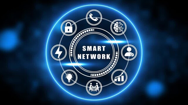 Digital Smart Network Concept with Icons and Glowing Blue Circle on Dark Background Keywords: smart network, technology, digital, connection, communication, data, security, innovation, internet