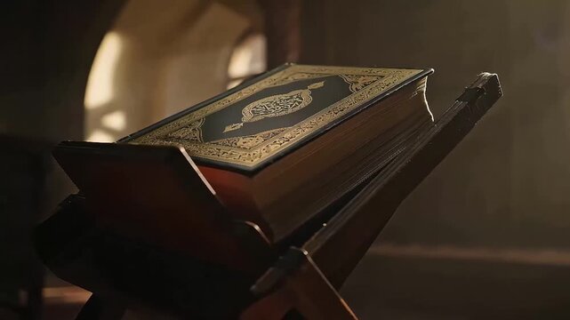 Holy Quran Book Resting on Wooden Stand Rehal, Islamic Religious Scripture for Ramadan and Prayer