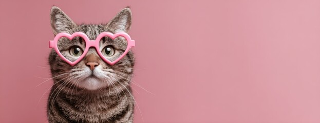 Cat wearing heart-shaped glasses against a pink background, Valentine's day concept
