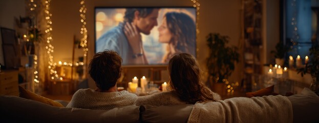 Couple watching romantic movie together in cozy living room with candles  