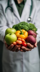 Doctor holding fresh vegetables and fruits in hands on dark background, vertical photo