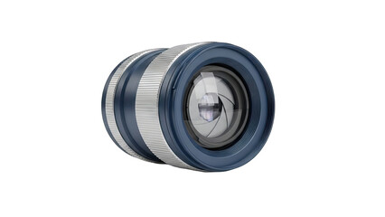 Close up of a modern camera lens with blue and silver detailing showing aperture blades and a glassy surface against a black background