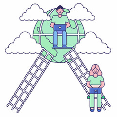 Global connectivity and remote work illustrated with people and a world globe