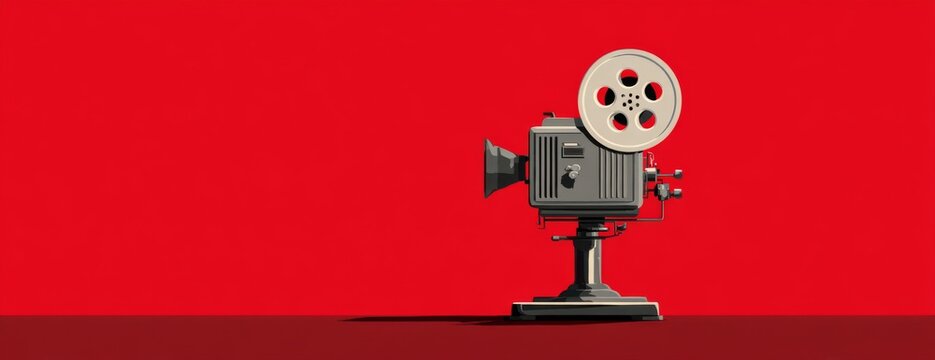Vintage film projector on a red background in minimalist design  