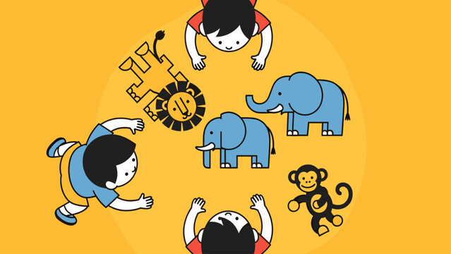 Kids playing with cartoon wild animals: elephants, lion, monkey. Educational game, top view illustration for children's learning.