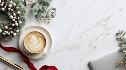 Minimalist Christmas home office setup with laptop, ceramic cup and white berry wreath arranged in grid pattern from above