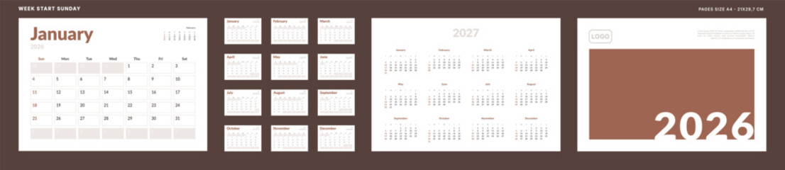 2026 Calendar Planner Set of Template grid Monthly Page, Cover with Place for Photo, Company Logo, Annual 2027. Vector layout of wall or desk organizer calend with week start Sunday in print. Pages A4