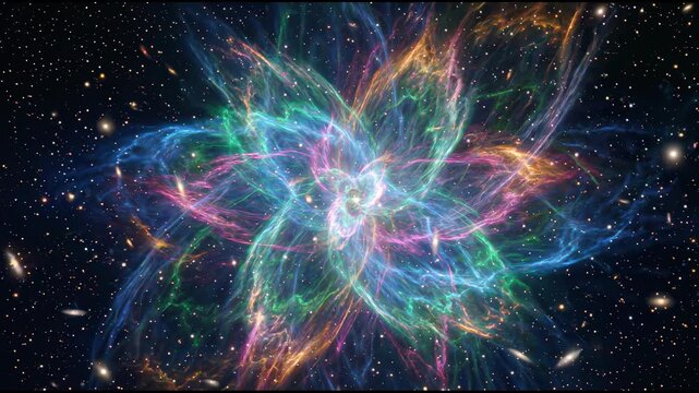 Vibrant abstract cosmic energy burst with multicolored light waves in deep space