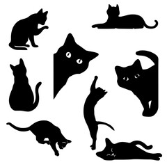 Minimal cat silhouette icons showing elegant feline poses, perfect for pet themes, logos, and decorative designs.
