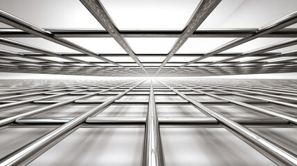 Obraz premium Abstract metallic grid perspective vanishing into a bright horizon. A seamless, reflective metal grid stretches towards a bright, distant horizon, creating a sense of depth and infinite space.