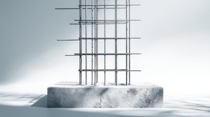 Reinforced concrete foundation with steel rebar structure for building construction. A close-up view of steel rebar cage embedded in a concrete base, symbolizing the start of a new construction.