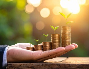 Investment and Growth: A close-up shot of a hand cupping stacks of coins, each topped with a delicate sprout, symbolizes financial growth and investment in a photorealistic and warm-toned image.