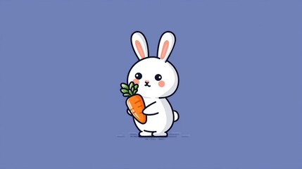 Cute cartoon white bunny holding a large orange carrot in its paws on blue background