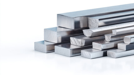 Collection of various metal bars and rods in different shapes and sizes on a white background. A variety of metallic industrial materials including square, hexagonal, and round bars.