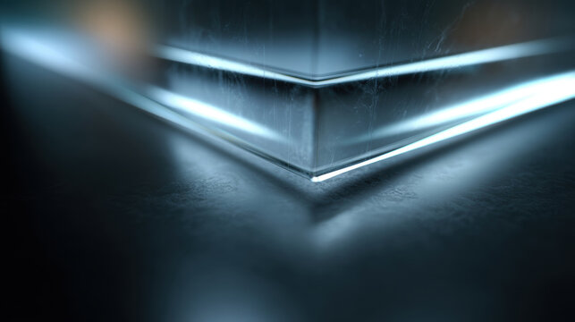 Abstract close-up of a sharp geometric glass edge with dramatic lighting and reflections. A macro view of a clear geometric object's sharp edge, illuminated by bright blue and white light.