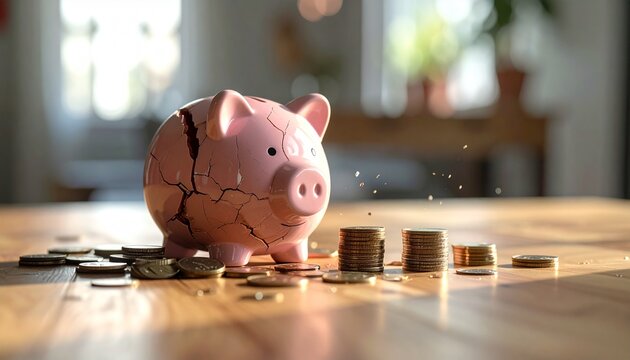 Broken Piggy Bank:  A stark contrast of financial hardship is captured, as a cracked piggy bank sits amidst a scattering of coins, symbolizing the vulnerability of savings and economic instability. 