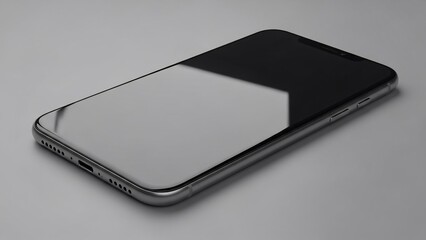 A sleek smartphone with a reflective screen lies on a plain gray surface viewed from above at an angle