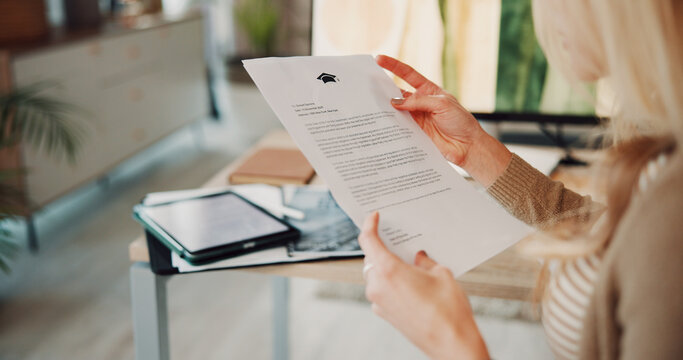 Letter, college and hands in house with admission, congratulations and acceptance for academic course. Reading, offer and woman in home with paper, education result and news on university report.