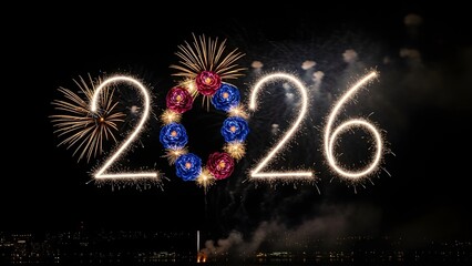 Sparkling Fireworks Display with 2026 in Glowing Numbers and Flowers