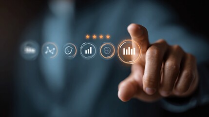 Businessman interacting with digital interface for data analysis and performance metrics