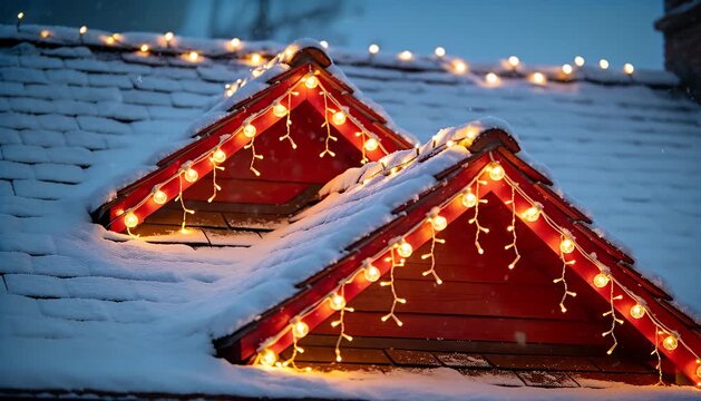 A festive holiday scene featuring a cozy house roof covered in snow with twinkling christmas lights, winter.