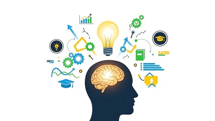 Creative brain illustration with light bulb and various business icons