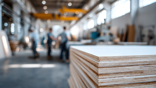 A stack of white plywood boards in a woodworking workshop with workers in the background