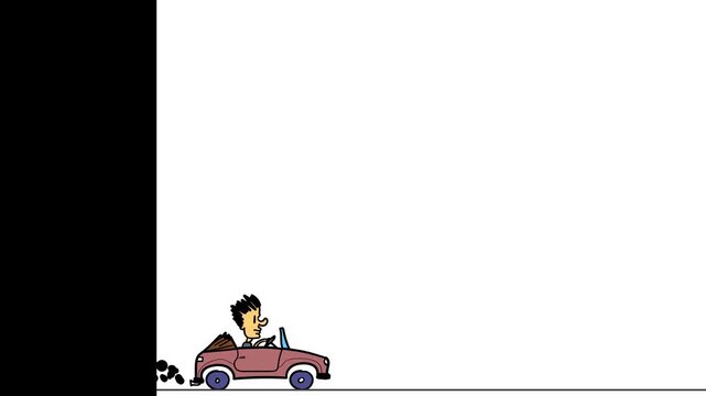 A transition effect or closing animation featuring a cartoon character driving past in a car with an open cockpit, followed by a black curtain.