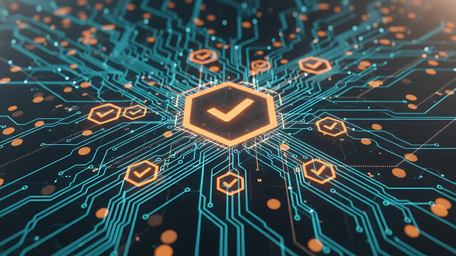 Abstract digital network with glowing check marks confirming system access and security. Futuristic concept of data verification and cyber protection. Cybersecurity / Digital Security