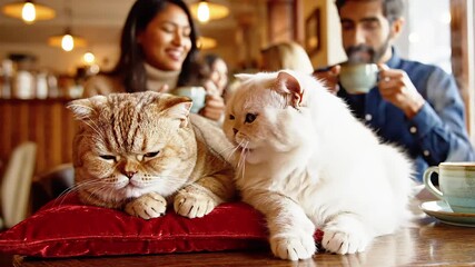 Two cats, one orange and one white, sitting on a red cushion on a table in a cozy cafe with a woman and man in the background enjoying coffee.