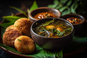 A traditional south from south asian country meal featuring a bowl of spicy sambar with fresh green herbs, deep-fried vada, and flavorful chutneys served on a banana leaf