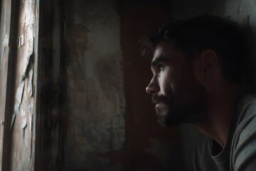 Pensive man with beard gazes out of old window in room with peeling paint