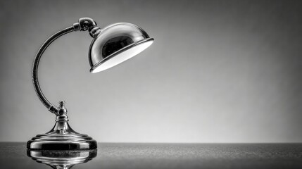 A sleek metallic desk lamp with elegant reflections on a minimalist surface, featuring balanced composition and ample negative space for text.