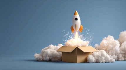 A toy rocket ship emerging from a cardboard box on a blue background with clouds and smoke effects around it