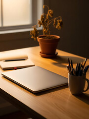 A closed laptop and a mug of pens on a wooden desk near a window with a dying plant