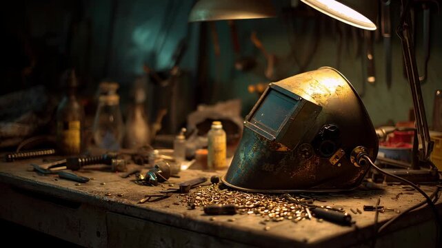 Workers welding metal in dim workshop concept. A worn welding helmet rests on a cluttered workbench surrounded by tools and materials.