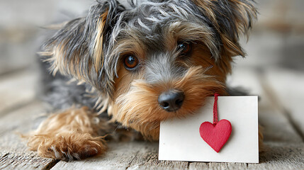 Adorable dog holding a small card with a red heart, creating a sweet and heartwarming moment perfect for themes of love, pets, and affectionate companionship.