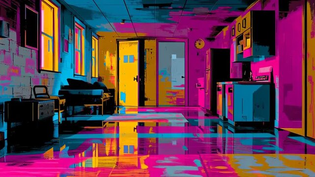 Vibrant abstract expressionist hallway with beds and furniture in neon colors