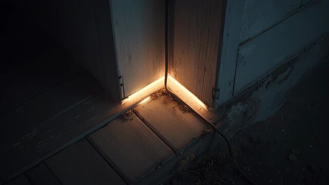 A warm glow emanating from the corner of a wooden door, highlighting the textured floor and adding atmosphere to the dimly lit space.