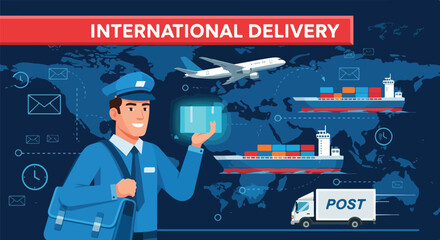 Illustration of a postal worker interacting with a digital interface for international delivery logistics with a plane, trucks, and shipping containers.