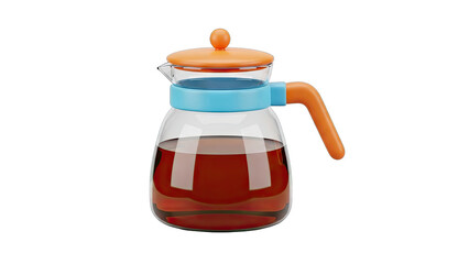 Clear Glass Coffee Pot with Vibrant Orange Lid and Handle Filled with Dark Brewed Coffee Transparent Background Isolated Object