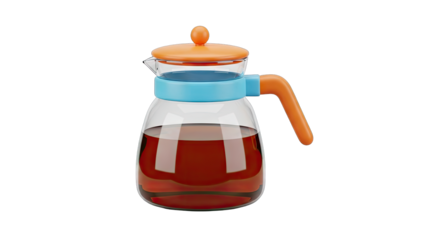 Clear Glass Coffee Pot with Vibrant Orange Lid and Handle Filled with Dark Brewed Coffee Transparent Background Isolated Object